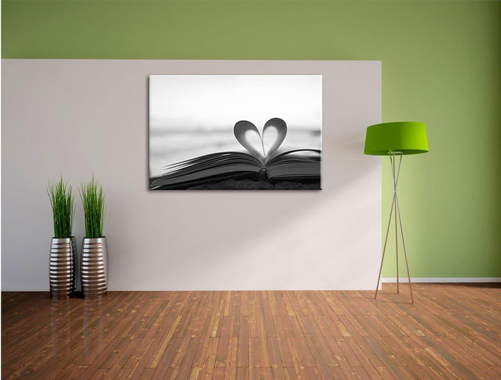 Pixxprint Herz aus Einer Buchseite / 100x70cm Leinwandbild bespannt auf Holzrahmen/Wandbild Kunstdru