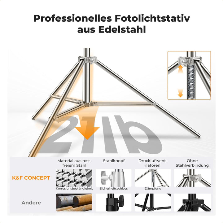 K&amp;F CONCEPT 280cm Lichtständer Licht Stativ Edelstahl federbelastet, faltbares Fotostativ mit stärke
