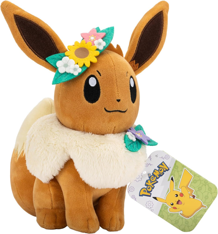 Pokémon PKW3667-20cm Plüsch - Evoli mit Blumenkrone, offizielles Plüsch