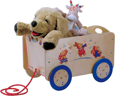 Dida - Holzwagen mit Rädern für Gegenstände und Kinderspielzeug. Dekoration: musizierende Tiere. Lei