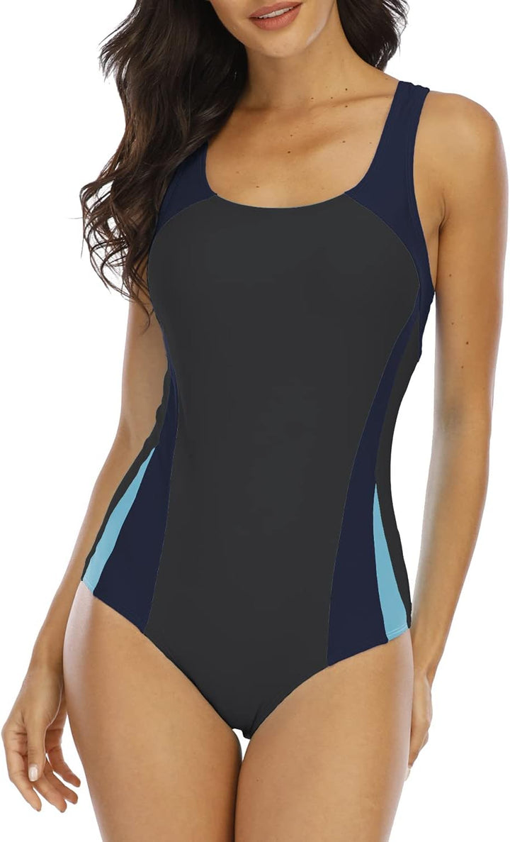 Halcurt Damen Sportlicher Einteiler Badeanzug Racer Back Schwimmanzug Figuroptimizer Bademode Grau 1