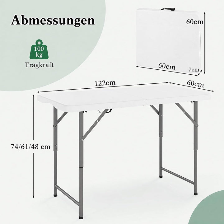 COSTWAY Campingtisch höhenverstellbar, Gartentisch klappbar, Klapptisch mit HDPE-Tischplatte &amp; Trage