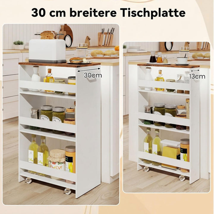 COSTWAY Nischenwagen 30cm breit, 4 Etagen Küchenwagen schmal, Nischenregal auf Rollen, Servierwagen