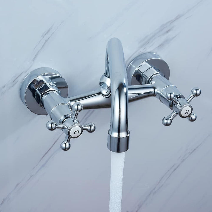 Wasserhahn Wandmontage Messing Zweigriff Nostalgie 180° Drehregler Waschtisch Armatur Kalt und Heiss