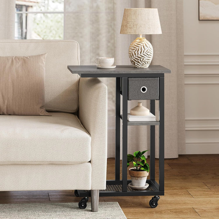 YITAHOME 2PCS Beistelltisch, C-Form Sofatisch mit Rollen und Schublade，Wohnzimmertisch für Kaffee un