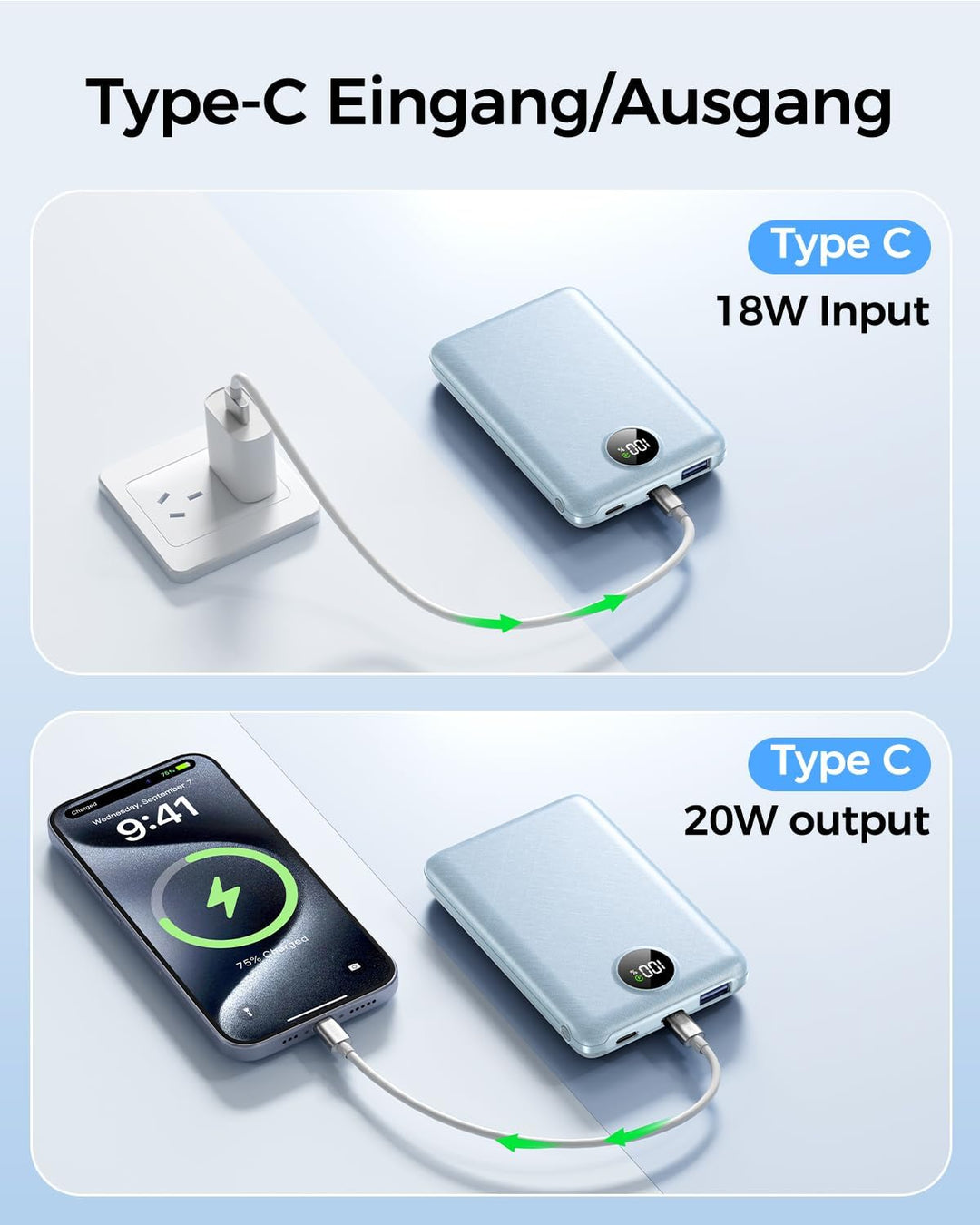 Power Bank, 22.5W Mini PowerBank 15000mAh (USB-C EIN- &amp; Ausgang), PD 3.0 QC 3.0 Externer Handyakku m