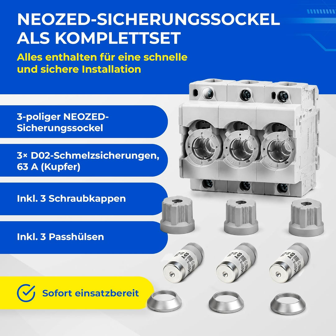 grenda-hammer® | Neozed Sicherungssockel mit Schraubkappen und 3x Schmelzsicherungen (D02-3x63 Ampèr