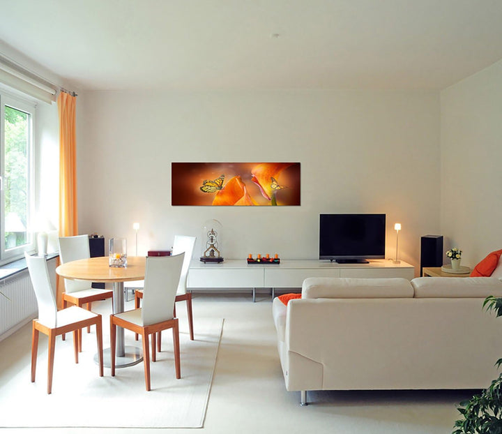 Paul Sinus Art Panoramabild auf Leinwand und Keilrahmen 150x50cm Lilien Schmetterlinge abstrakt