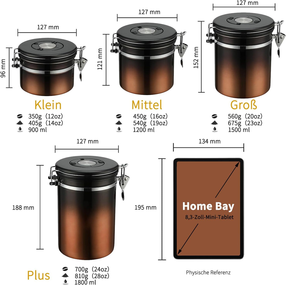 1500 ml luftdichter Edelstahl-Kaffeedose (600–800 g), Kaffeebehälter mit Datums-Tracker-Deckel Kupfe