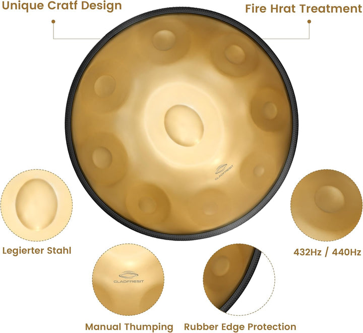 GLADFRESIT 432hz Handpan Steel Drum 9 Notes 22inch "GOLD Performer" in D Minor with handpan stand, h