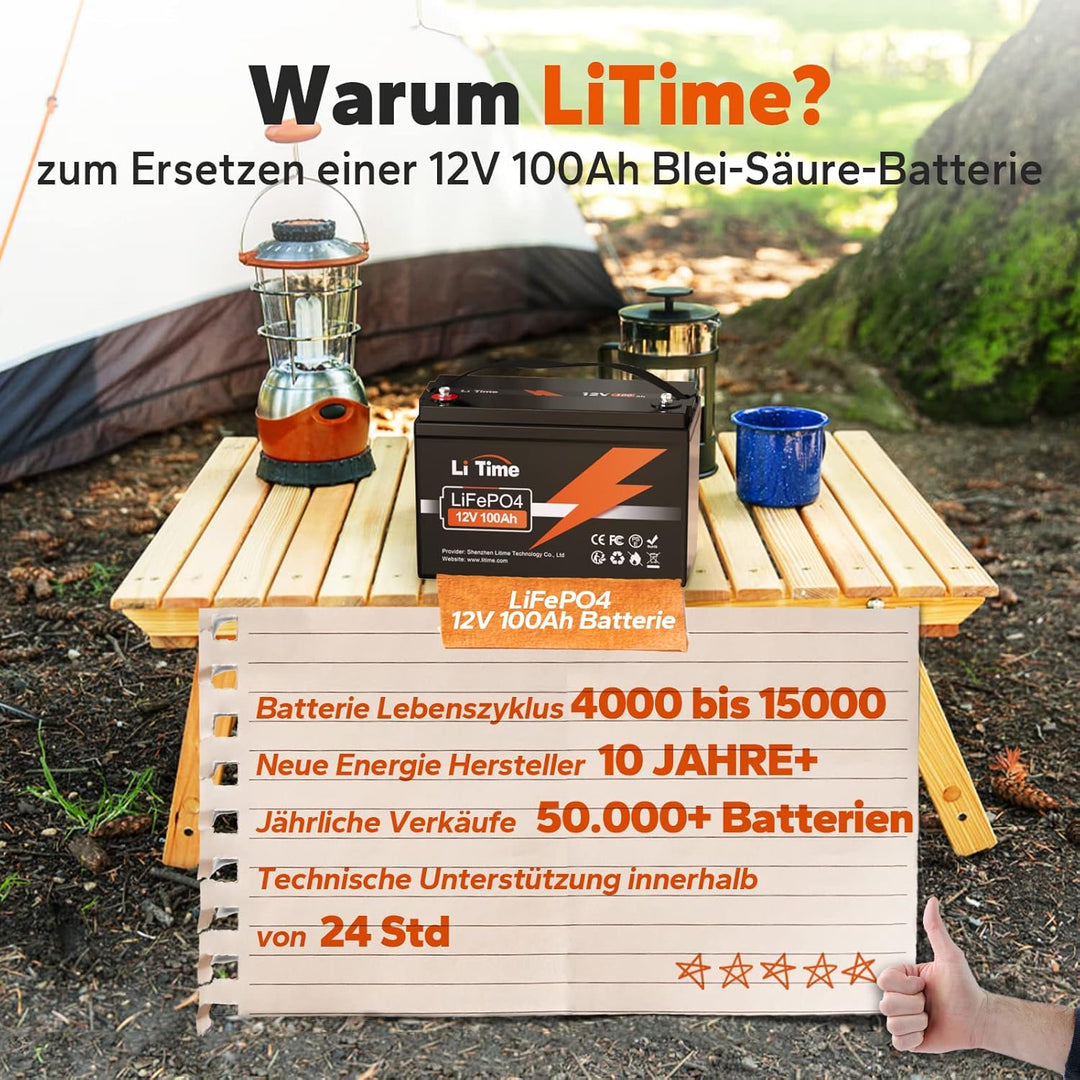LiTime LiFePO4 Batterie 12V 100Ah, 1280Wh Lithium Akku mit 100A BMS, 4000-15000 Zyklen Ladezyklen, U