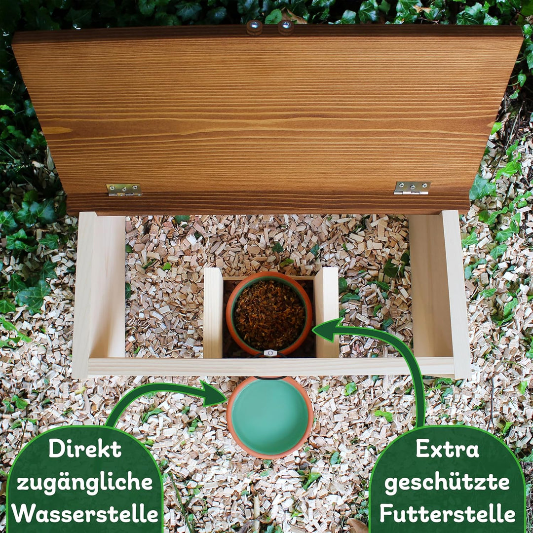 ERDENFREUND® Igelfutterhaus mit Rattenklappe + 2er Set Wasser- & Futternapf Igelhaus mit Rattenklapp