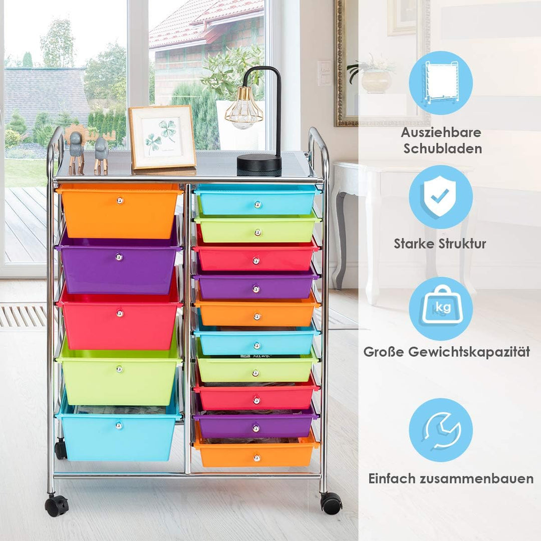 COSTWAY Rollwagen mit 15 stapelbaren Schubladen, Schubladenwagen Rollcontainer mit Metallgestell und