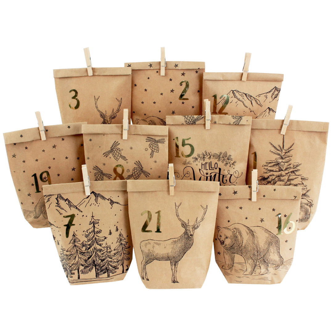 Papierdrachen Adventskalender 2025 zum Befüllen - 24 bedruckte Papiertüten mit Zahlenaufklebern & Kl