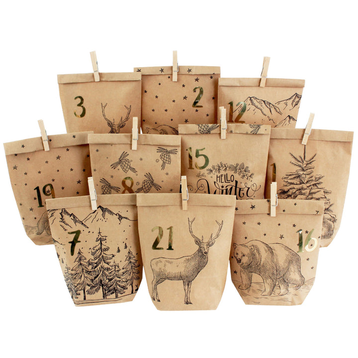 Papierdrachen Adventskalender 2025 zum Befüllen - 24 bedruckte Papiertüten mit Zahlenaufklebern & Kl