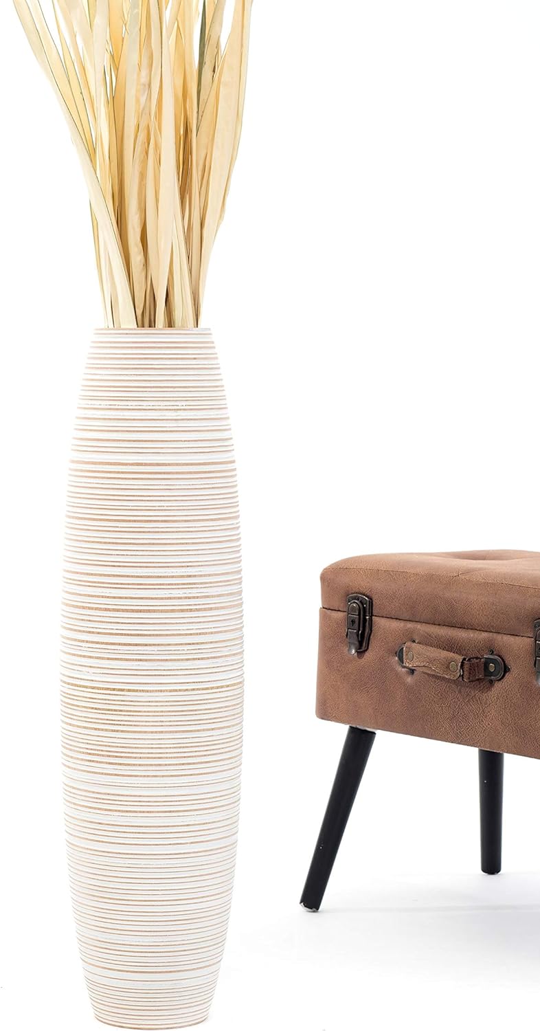 Leewadee Grosse Bodenvase für Dekozweige hohe Standvase Design Holzvase, Holz, 70 cm, White Wash 70