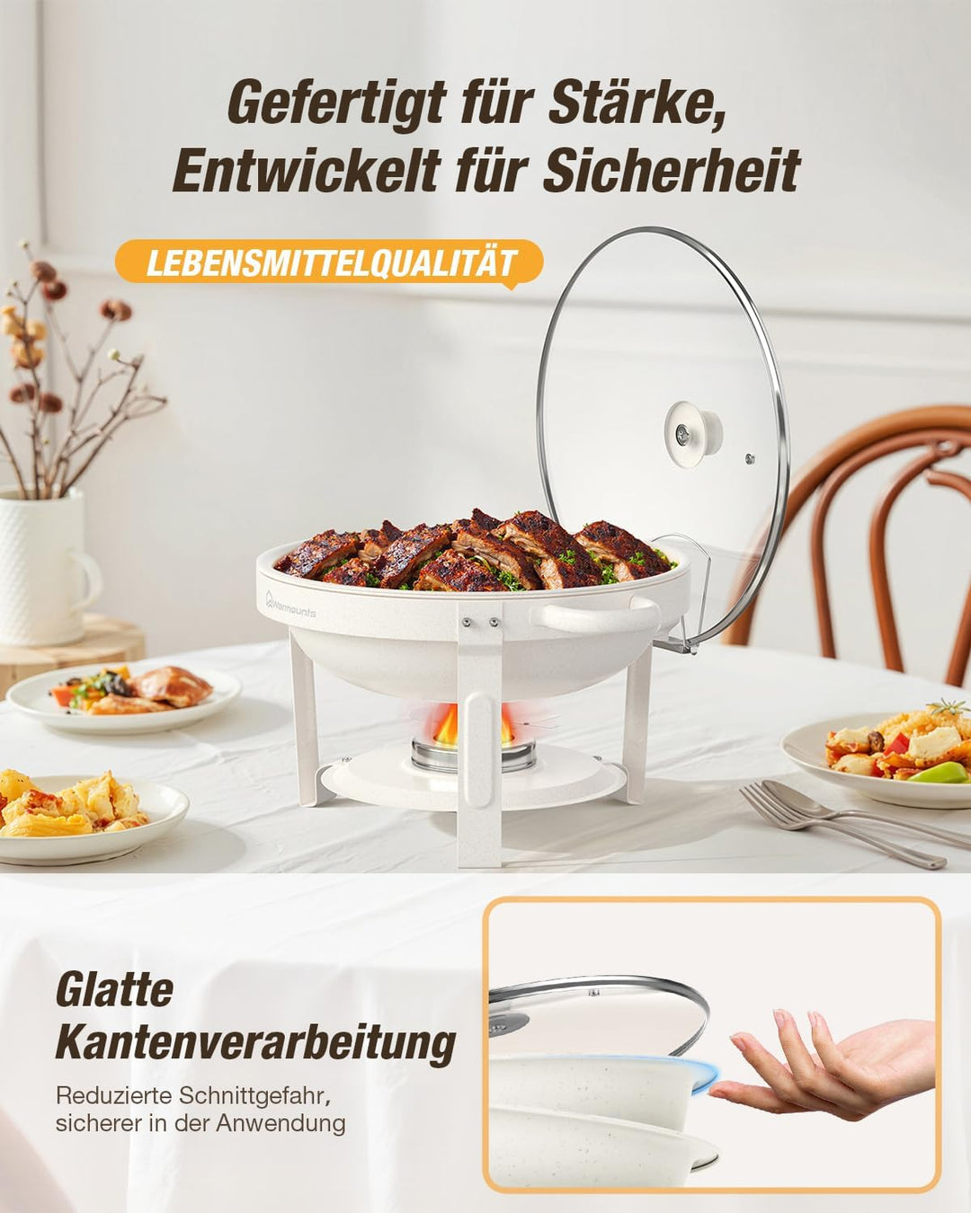 WARMOUNTS Chafing Dish Buffet 5L 4er Set Weisse, Maifan Stein Beschichtung Rund Speisenwärmer für Ca