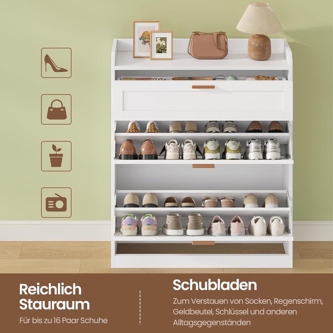 Schuhschrank mit 2 Klappen, Schublade, Schuhkipper Schmal, Trennwand Verstellbar, für 12-16 Paar Sch