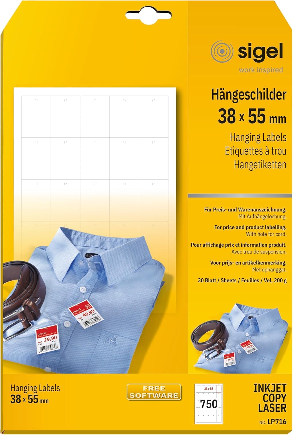 SIGEL LP716 Warenanhänger weiss, mit Aufhängeloch (A4, 38x55 mm) 750 Stück 38x55 mm / 750 Stück, 38x