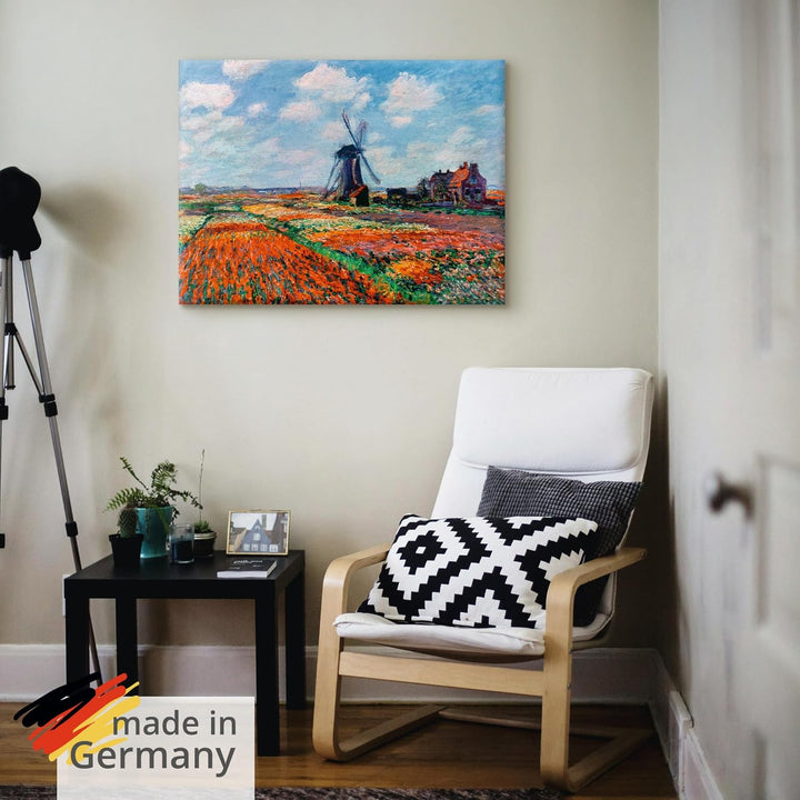 ARTland Leinwandbilder Wandbild Bild auf Leinwand 80x60 cm Wanddeko Idyll Dorf Windmühle Blumen Tulp