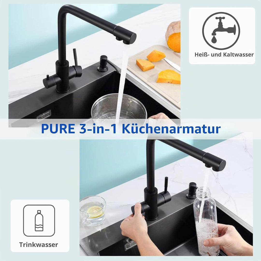 CECIPA 3 Wege Wasserhahn Küche, Küchenarmatur 360° Schwenkbar, Mischbatterie Küche für Osmoseanlage,