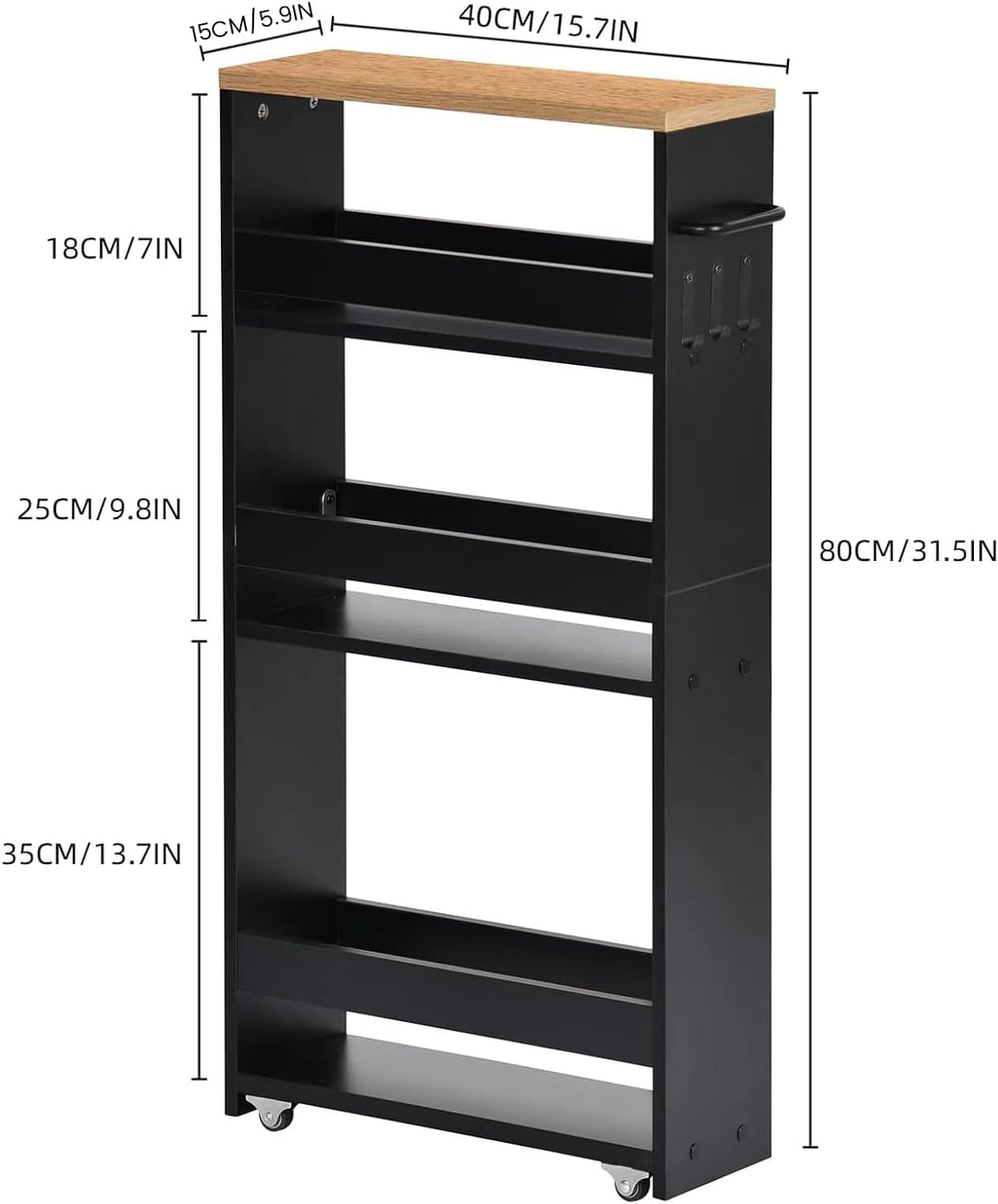 Nischenwagen 14cm breit, 4 Etagen Küchenwagen schmal, Nischenregal auf Rollen, Servierwagen mit Grif