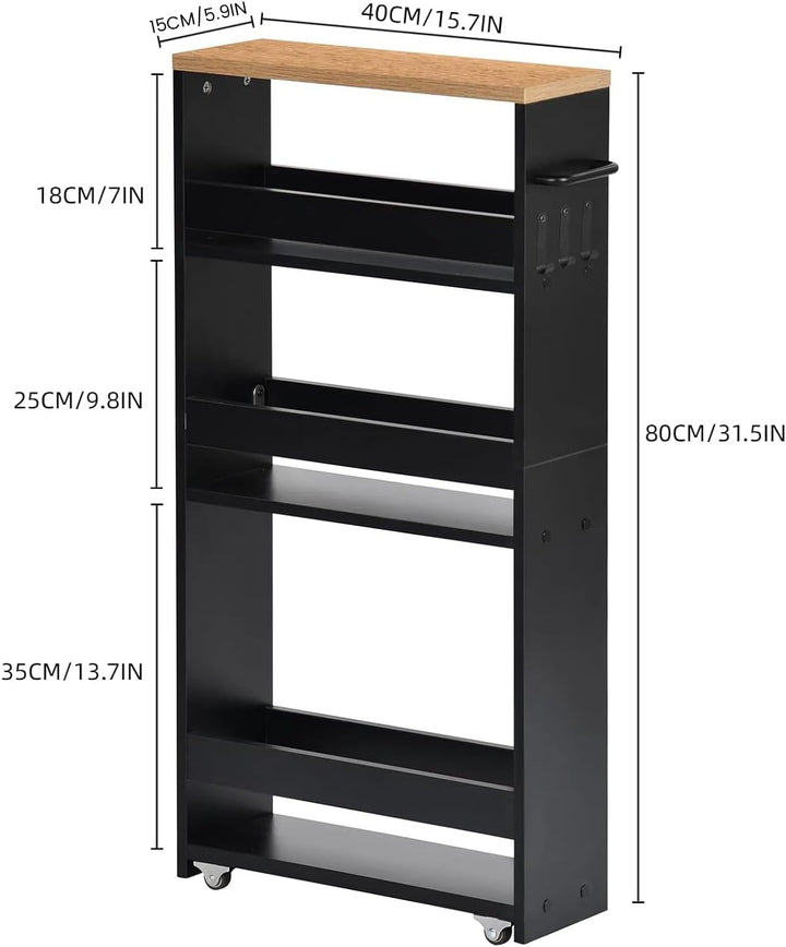 Nischenwagen 14cm breit, 4 Etagen Küchenwagen schmal, Nischenregal auf Rollen, Servierwagen mit Grif