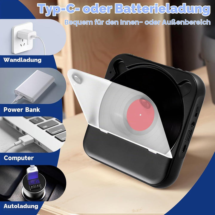 Tragbarer CD Player mit Bluetooth 5.3 - Kinder CD Spieler mit 2000mAh Akku, USB, MP3 Wiedergabe, AUX