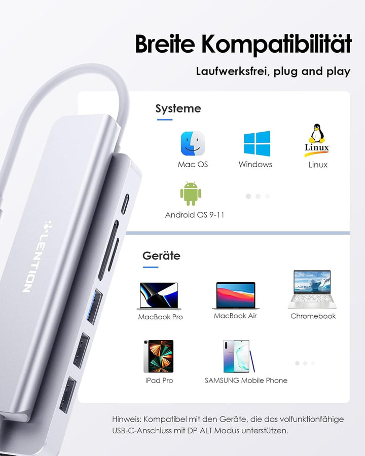 LENTION USB C Hub mit 100W PD Aufladung, 4K@60Hz HDMI, SD/TF Kartenleser, USB 3.0, Adapter USB-C auf