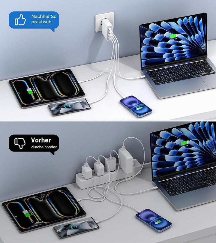 100W 6-Port Adapter Mehrfach Ladegerät mit USB-C und USB-A, Schnellladegerät PD 3.0 Charger Power Ne