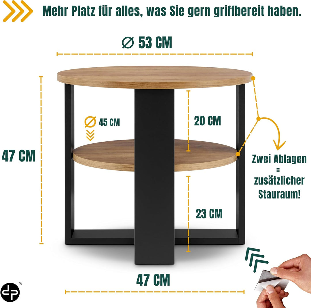 Couchtisch rund Eiche – Kleiner Beistelltisch mit Ablage - 2 Ebenen, runder moderner Kaffeetisch im