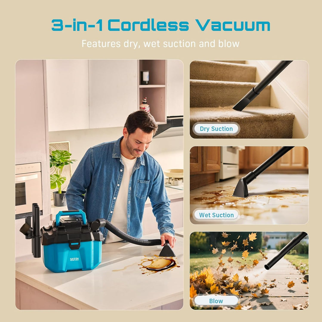 SEESII Akku Nass und Trockensauger, 3-in-1 Werkstattsauger mit Gebläse 2x4000mAh Batterien, 10L Nass