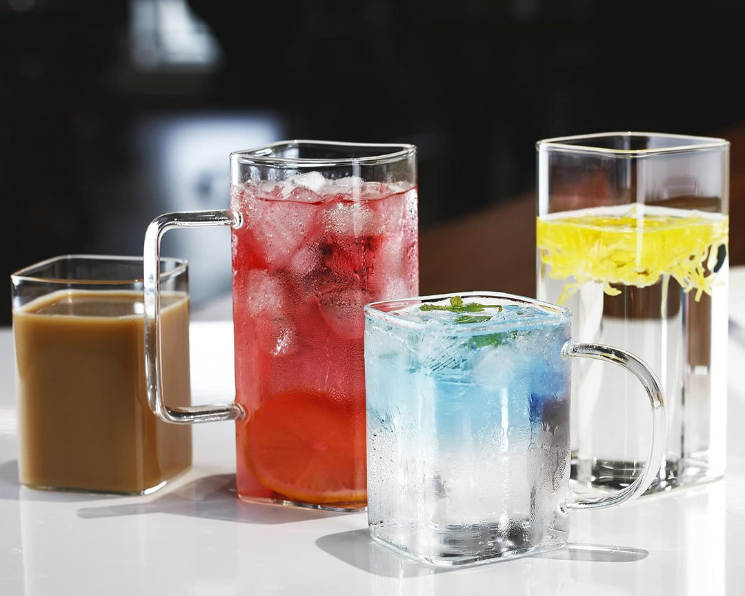 LUXU Trinkgläser mit Griff, 237 ml, Set mit 4 dünnen, quadratischen Gläsern, elegante Bargläser für