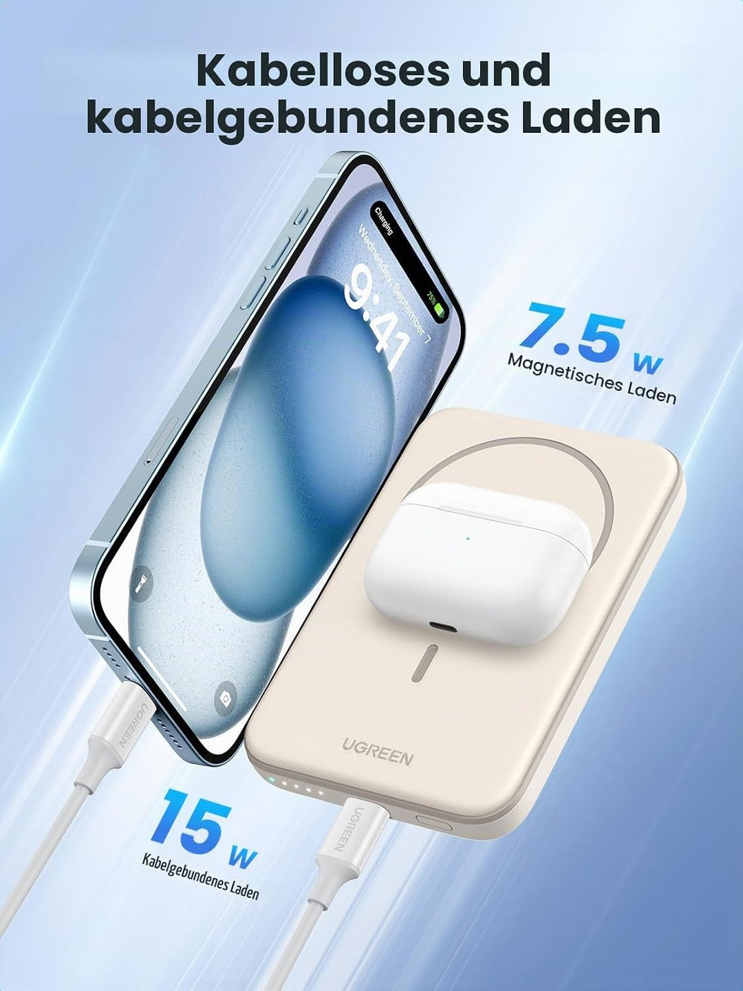 UGREEN Nexode Wireless Powerbank 5000mAh Magnetische Power Bank mit USB-C Schnellladefunktion, Kabel