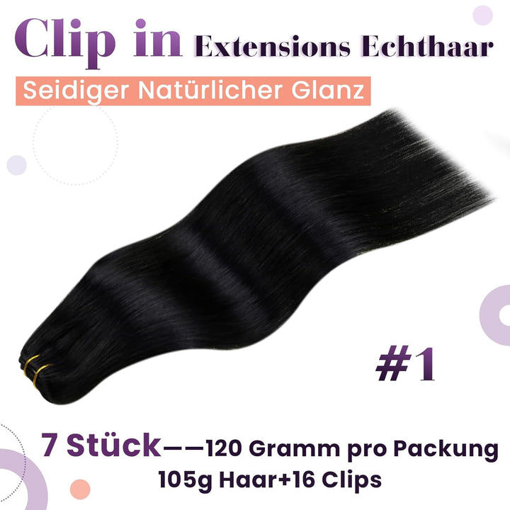 LaaVoo Schwarz Haarverlängerung Clip in 55cm Schwarz Clip in Extensions Echthaar Double Weft Echthaa