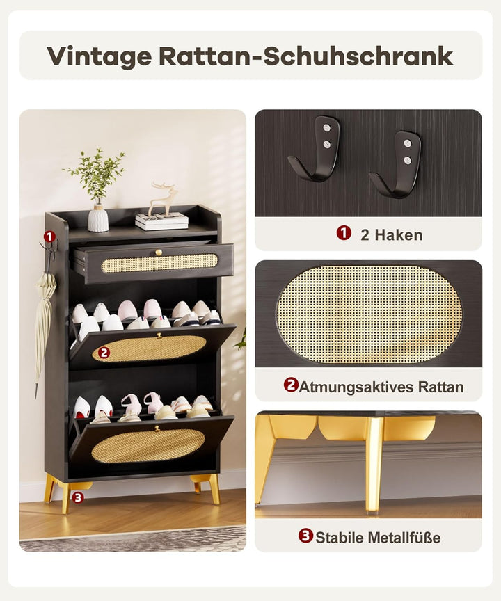 Yorbay 2 Klappen Schuhschrank mit Schubladen: Rattantüren Schuhkipper Schmal mit oberem Staufach für