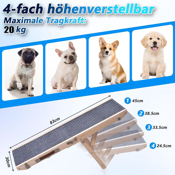 Hunderampe aus Holz, Hundetreppe 4 Stufen Verstellbar 24.5cm bis 45cm, Hunderampe mit Anti-Rutsch-Pa