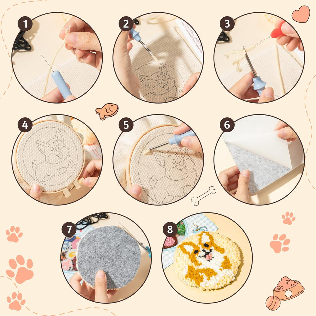 WATINC Punch Needle Untersetzer Kit Corgi DIY Handwerk Stickerei Kit Easy Embroidery für Anfänger Co