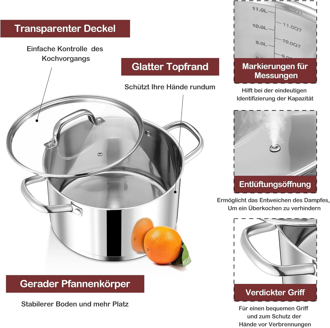 Joyfair Kochtopf, 24cm Edelstahl Suppentopf mit Glasdeckel, 3-Lagen Edeastahl Topf Induktion für all