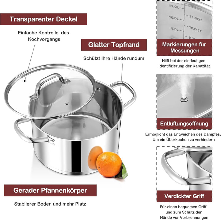 Joyfair Kochtopf, 24cm Edelstahl Suppentopf mit Glasdeckel, 3-Lagen Edeastahl Topf Induktion für all