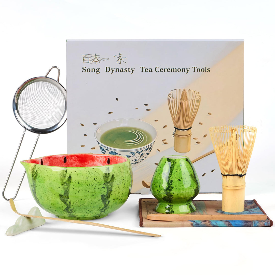 Matcha Tea Set 8- piece Matcha Broom Set with Whisk, Broom Holder, Ceramic Bowl, 2 Teaspoons, spoon