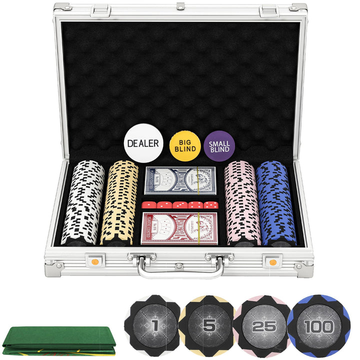 SPORTNOW Pokerkoffer abschliessbar Pokerset mit Koffer 200 Clay Chips Karten 5 Würfel Dealer Button