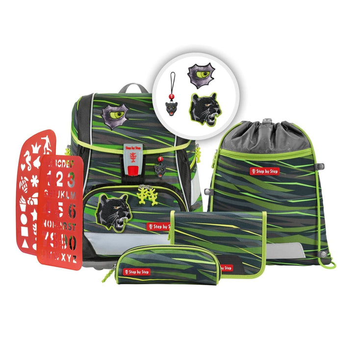 Step by Step Schulranzen-Set 2IN1 Plus „Wild Cat Chiko“ 6-teilig, grün-schwarz, Panther-Design, ergo