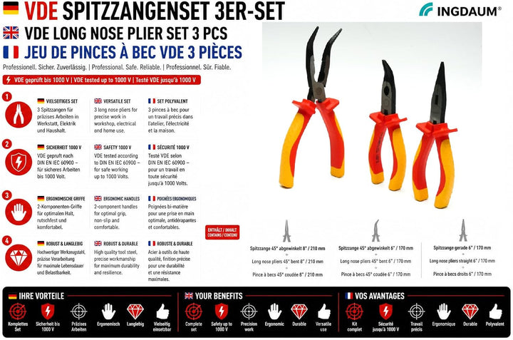 VDE Spitzzangenset, 3 VDE-Spitzzangen, 6"/170mm & 8"/210mm | Gerade und 45° abgewinkelt, Abgewinkelt