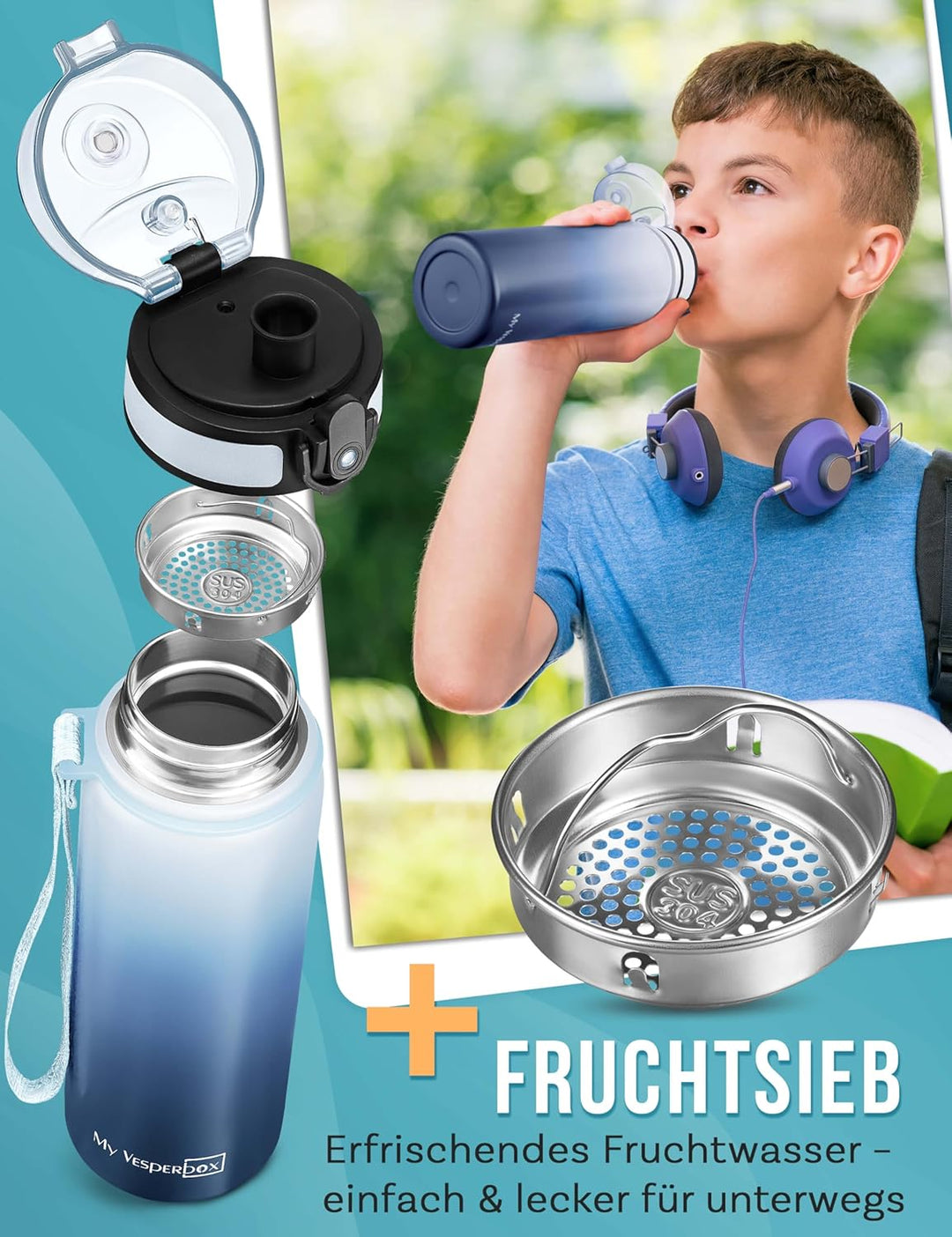 MY VESPERBOX® Edelstahl Thermosflasche Kinder [INK. STROHHALM & SIEB] - Isolierflasche für Jungen &