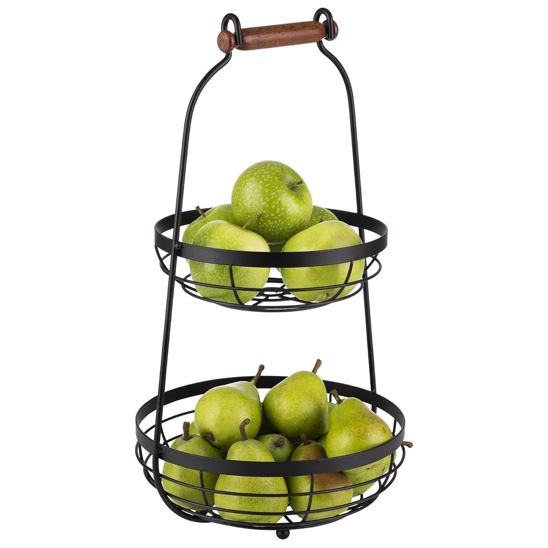 APS Serviergestell mit Zwei Körben und Holzgriff - 2-stufige Etagere aus Metall, Schwarz, Höhe 48 cm