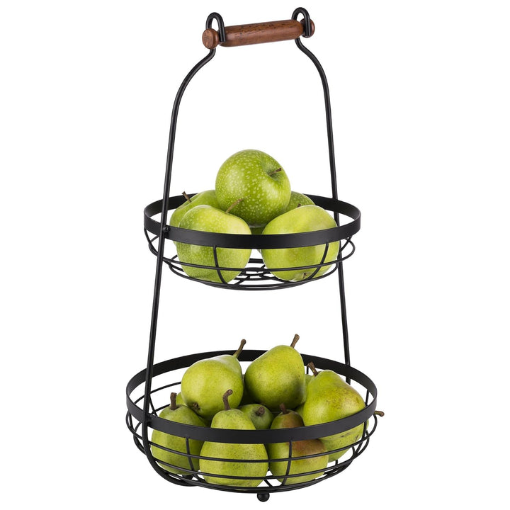 APS Serviergestell mit Zwei Körben und Holzgriff - 2-stufige Etagere aus Metall, Schwarz, Höhe 48 cm