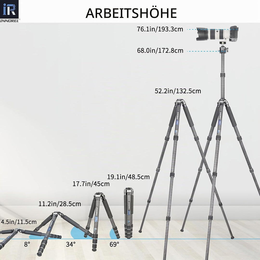 Kohlefaser-Stativ-INNOREL CT85C Ohne Kopf Super professionelles tragbares Reisestativ für DSLR-Kamer
