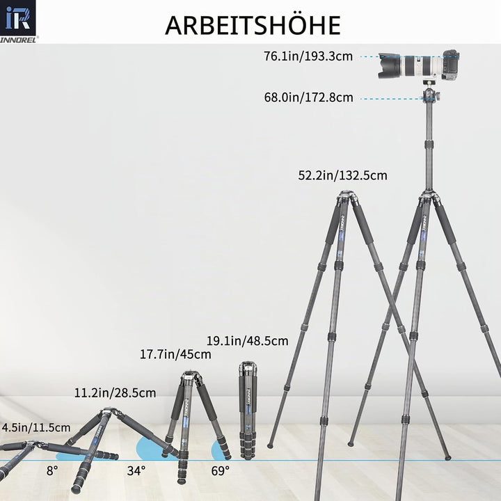 Kohlefaser-Stativ-INNOREL CT85C Ohne Kopf Super professionelles tragbares Reisestativ für DSLR-Kamer