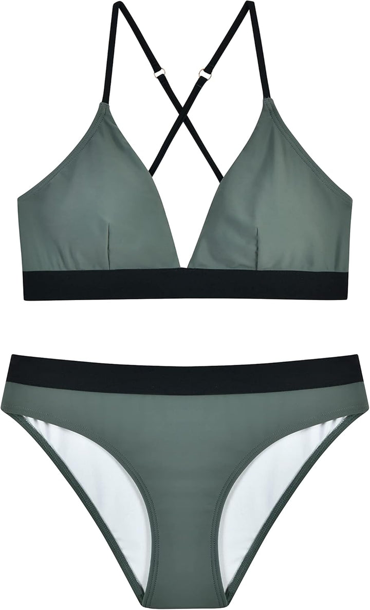 Damen Bikini Set, Triangel, breites Unterbrustband, Bademode, Badeanzug 36 Grün & Schwarz, 36 Grün &